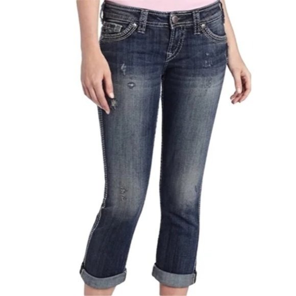 Silver Twisted Capri Jean Distressed Embroidery Contrast Stitching Stretch - Picture 1 of 14